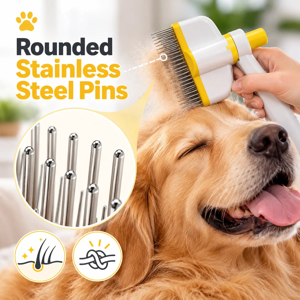 🎁Self-Cleaning Pet Grooming Brush with 180° Rotating Head – Rounded Stainless Steel Pins for Dogs & Cats
