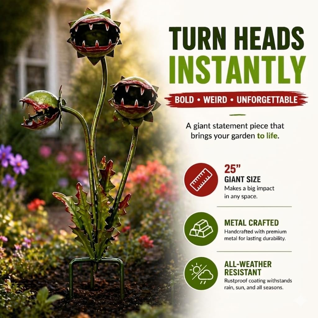 🌿 Whimsical Metal Carnivorous Plant Garden Stake – 25-Inch Large Monster Plant Sculpture For Outdoor Garden Decor 🦷✨