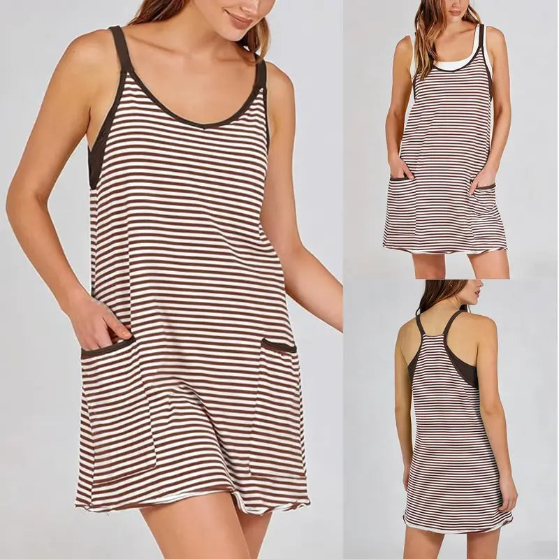 👗 Tanming Women’s Summer Athletic Mini Dress – Sleeveless V-Neck Striped Tennis Dress with Built-In Shorts ☀️🎾