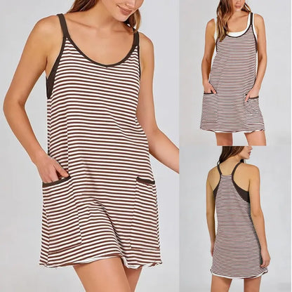 👗 Tanming Women’s Summer Athletic Mini Dress – Sleeveless V-Neck Striped Tennis Dress with Built-In Shorts ☀️🎾
