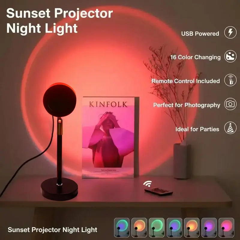 Sunset Lamp Projector Light – 16 RGB Colors, 180° Rotation & Remote Control