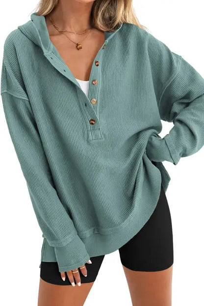 Women's Oversized V-Neck Button Hoodie Pullover