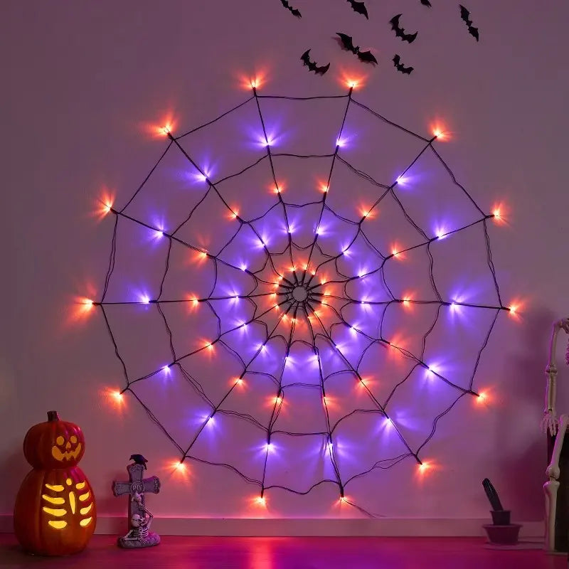 Purple LED Halloween Spider Web Lights With Spider