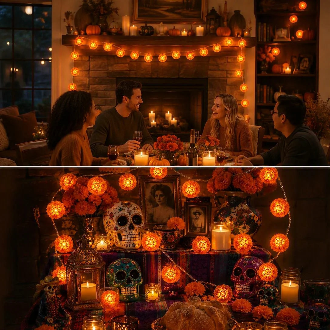 Marigold LED Memorial String Lights – 20 Glowing Flowers for Ofrendas & Remembrance