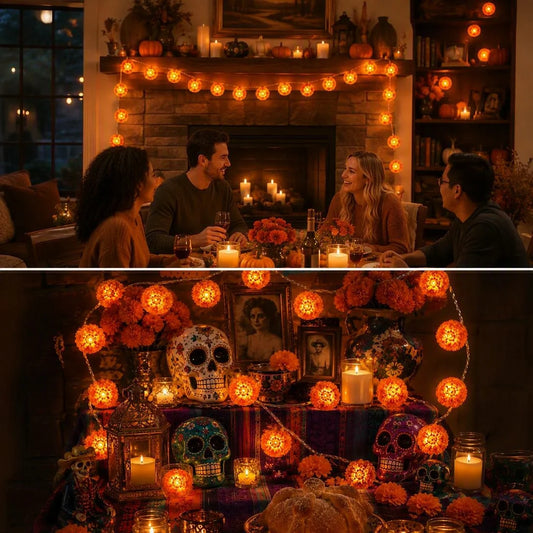 Marigold LED Memorial String Lights – 20 Glowing Flowers for Ofrendas & Remembrance