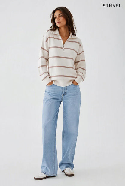 Color Block Striped Quarter-Zip Oversized Sweater