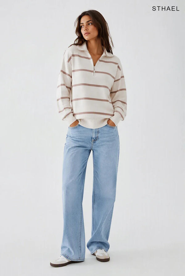 Color Block Striped Quarter-Zip Oversized Sweater