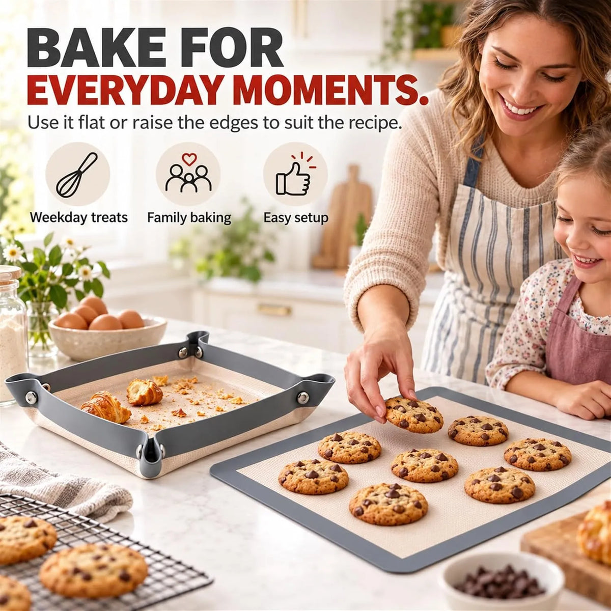 🎁Convertible Silicone Baking Mat with Snap Corners – Reusable Non-Stick Baking Tray Liner for Cookies, Bread, Vegetables & Pastry