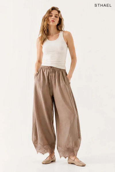 Women's Cropped Lace-Hem Wide-Leg Pants