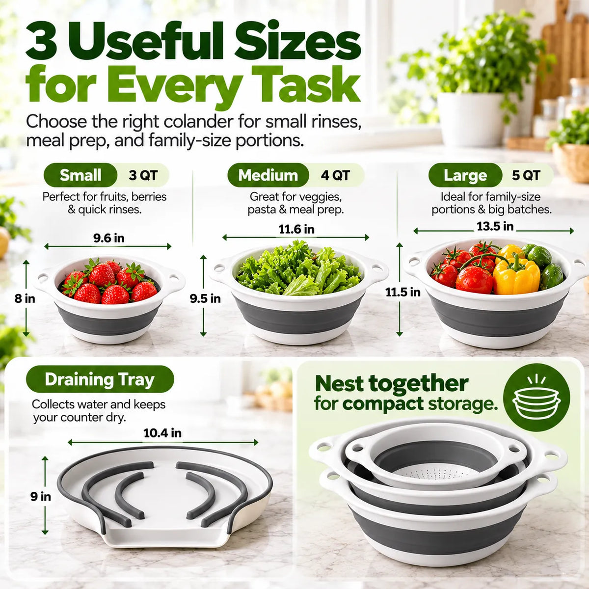 🎁3-Piece Collapsible Colander Set with Self-Draining Base