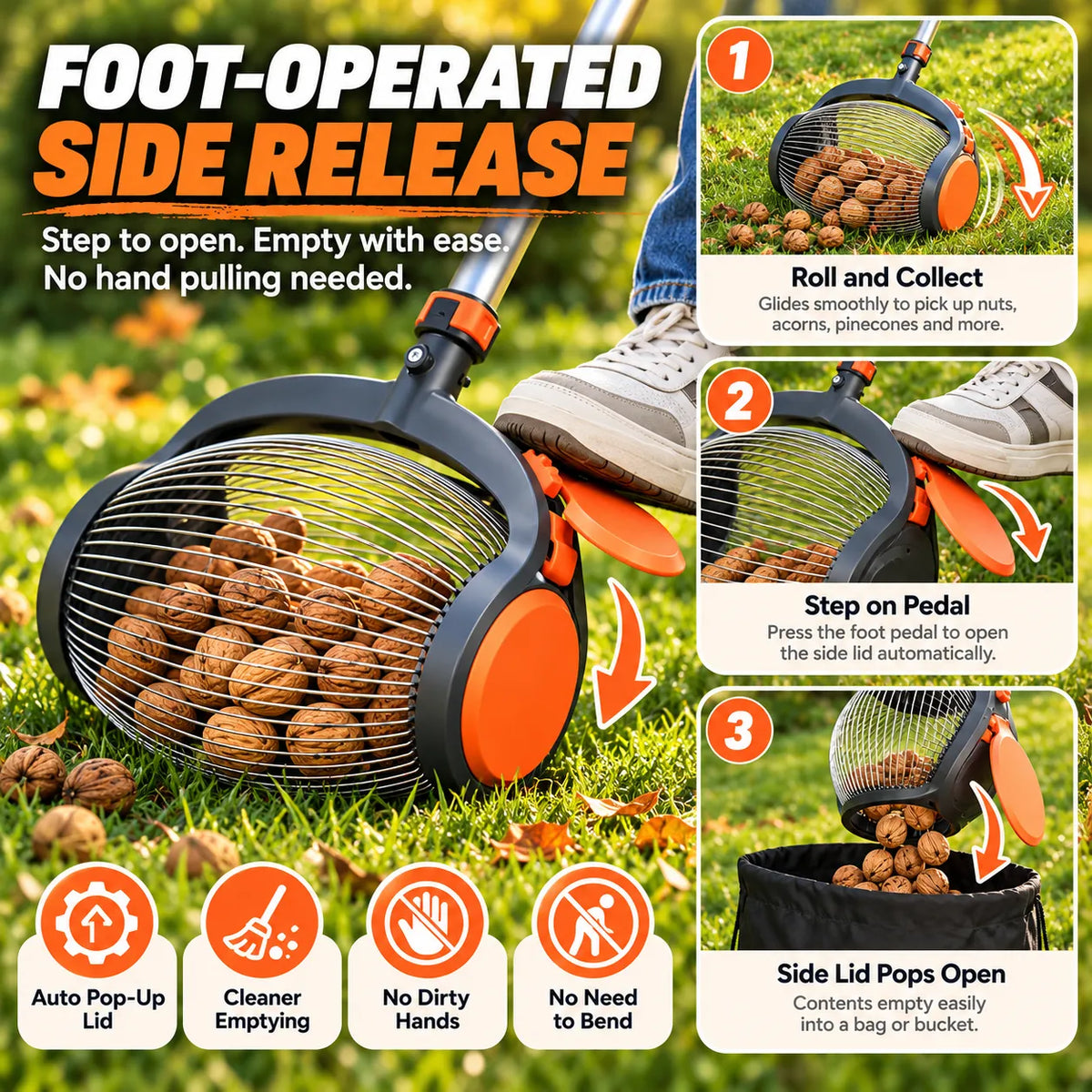 🎁Telescoping Nut Gatherer – Adjustable Rolling Nut & Fruit Collector