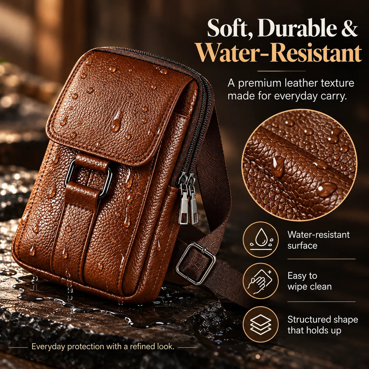 🎁Men’s Leather Phone Bag with 3 Compartments, Magnetic Flap & Adjustable Crossbody Strap
