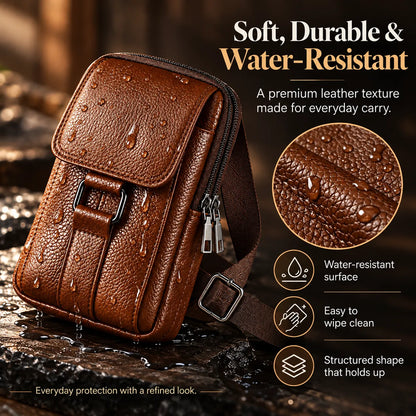 🎁Men’s Leather Phone Bag with 3 Compartments, Magnetic Flap & Adjustable Crossbody Strap