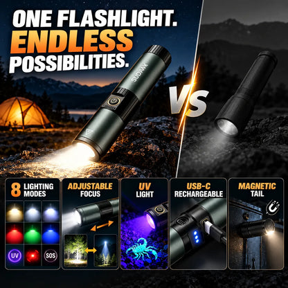 🎁8-Mode Rechargeable LED Flashlight – Adjustable Focus & UV Light