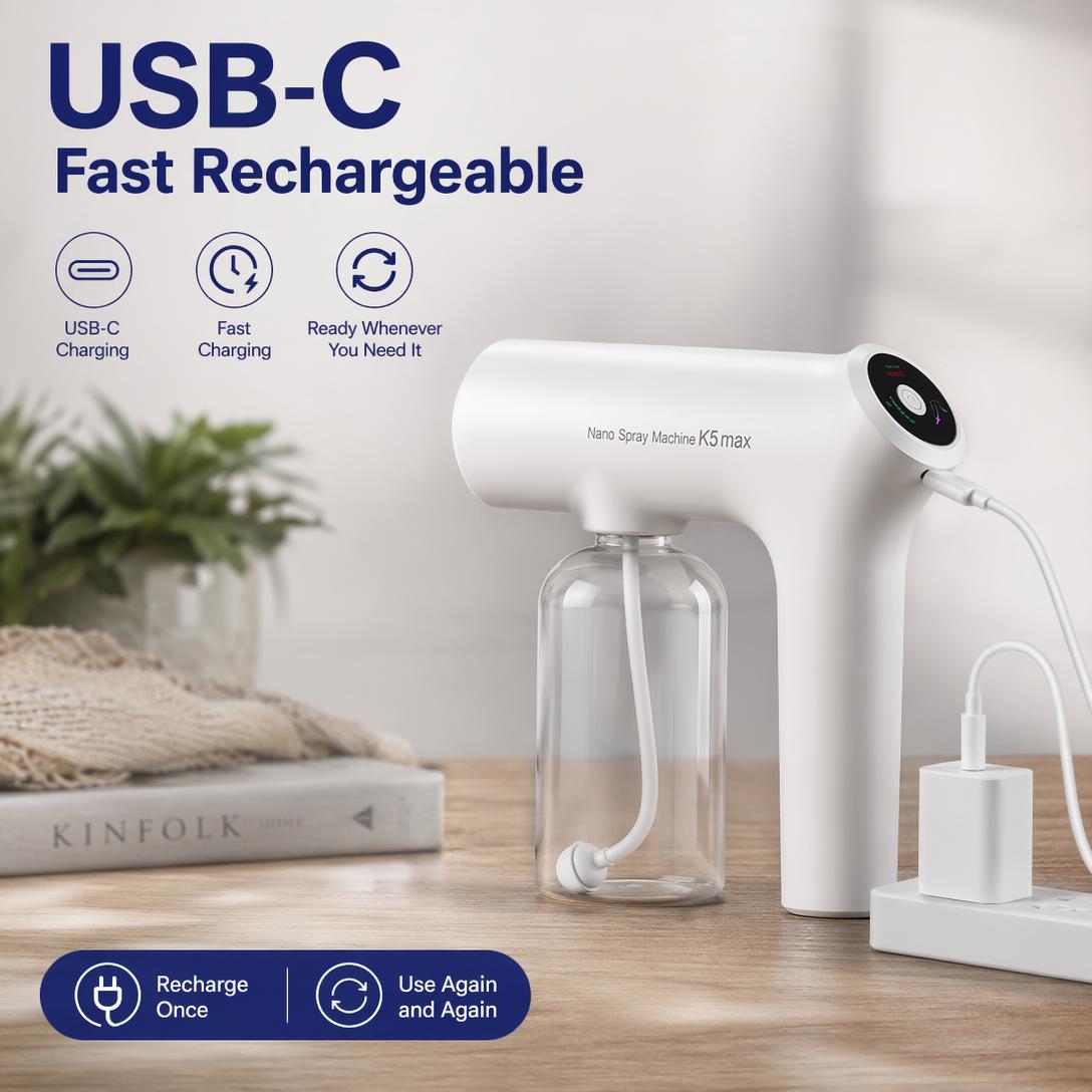 Portable Nano Mist Sprayer – Rechargeable Fine Mist Spray Gun with 380ml Large Capacity & USB-C Charging