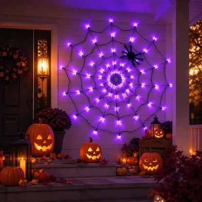 Purple LED Halloween Spider Web Lights With Spider