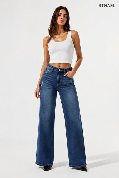 Mid Rise Stretch Wide Leg Baggy Jeans