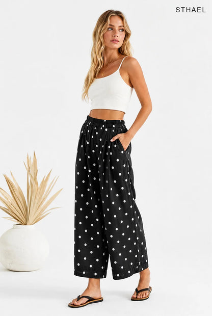Women's Cotton-Linen Polka Dot Wide-Leg Pants