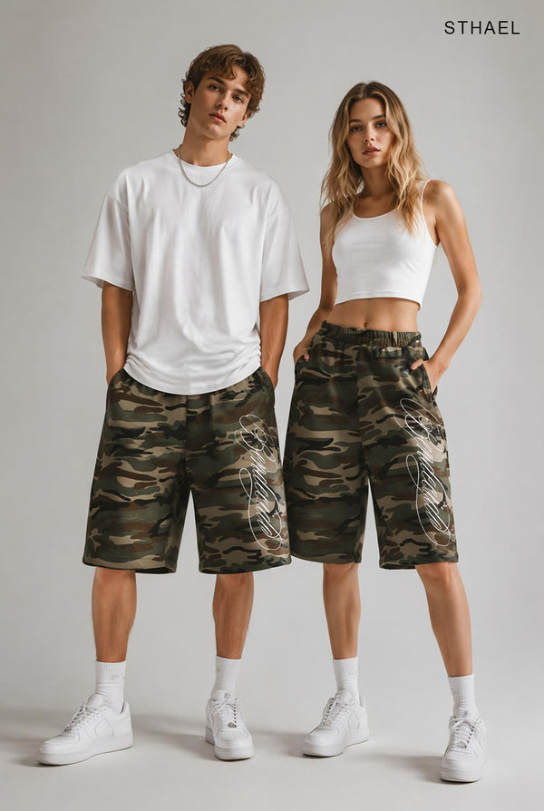 Vintage Camo Embroidered Wide-Leg Cropped Pants