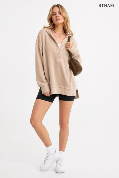 Women's Oversized V-Neck Button Hoodie Pullover