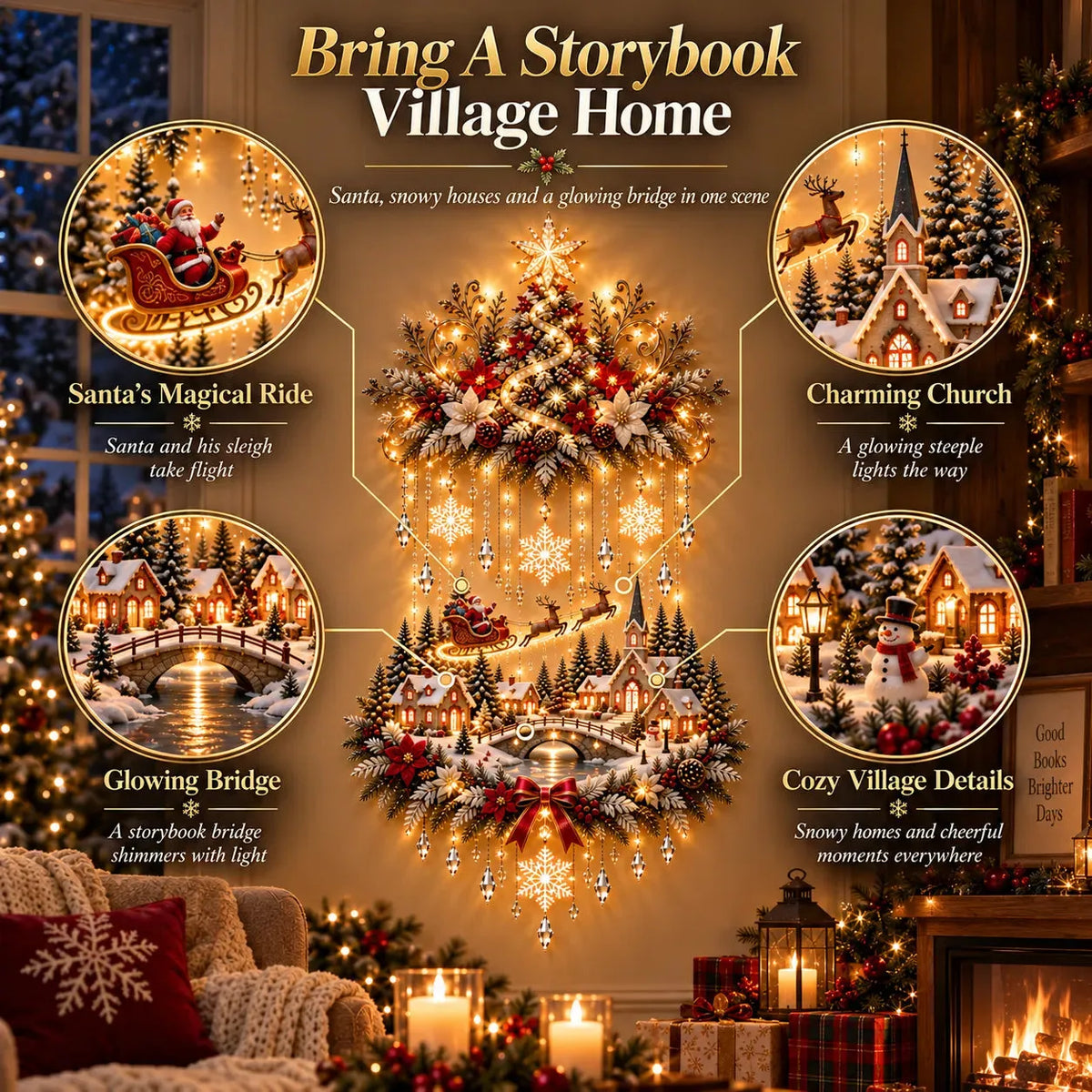 🎁Illuminated Christmas Tree &amp; Snowy Village Wall Hanging