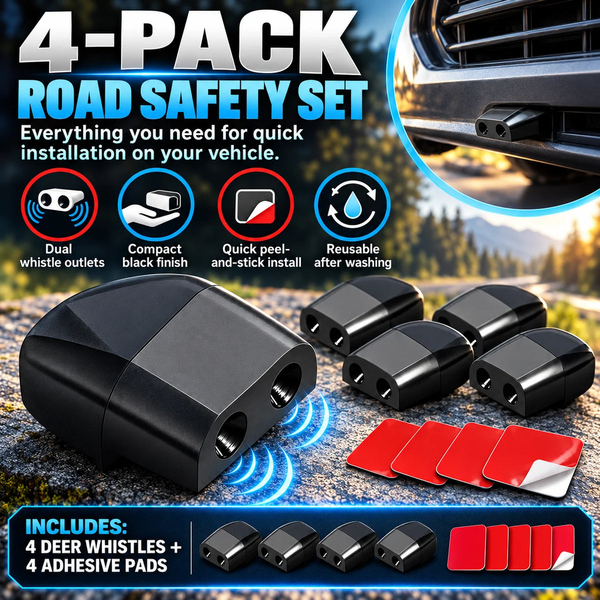 🎁4-Pack Dual Deer Warning Whistles – Compact Airflow-Activated Wildlife Alert for Cars, SUVs & Trucks