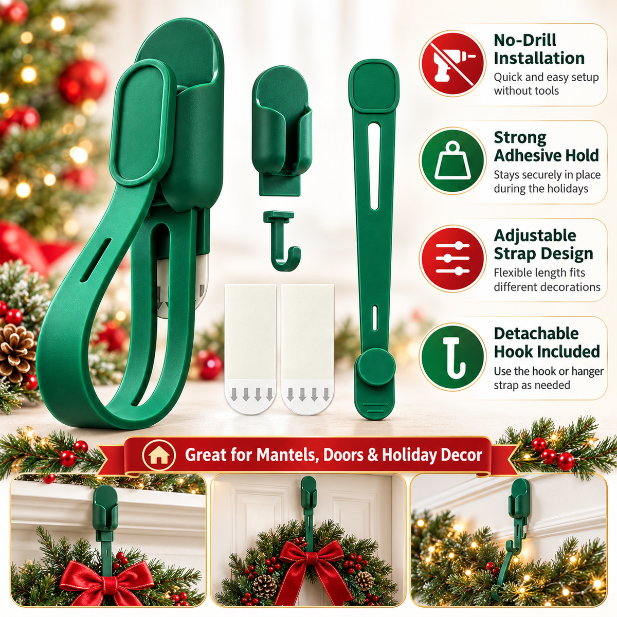 🎄 6-Pack Christmas Wreath Hangers – No-Drill Peel & Stick Holiday Hooks