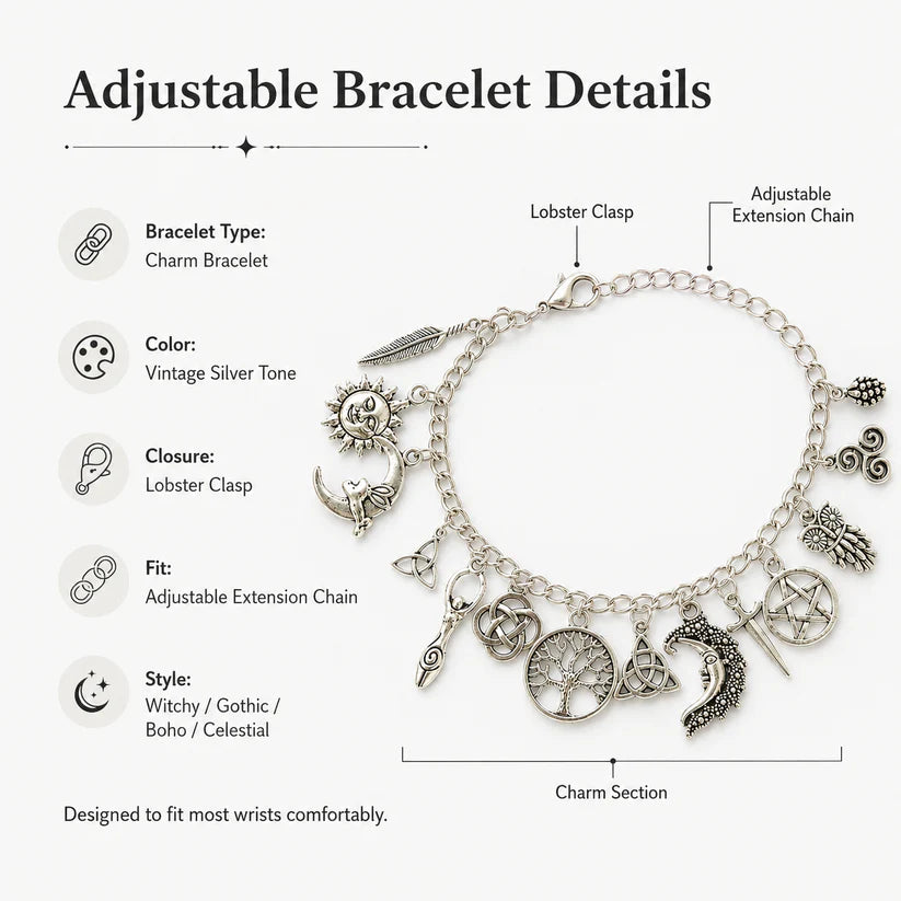 Vintage Witchy Charm Bracelet for Women – Celestial Gothic Boho Jewelry