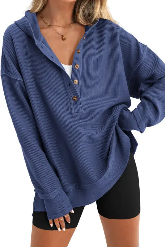 Women's Oversized V-Neck Button Hoodie Pullover
