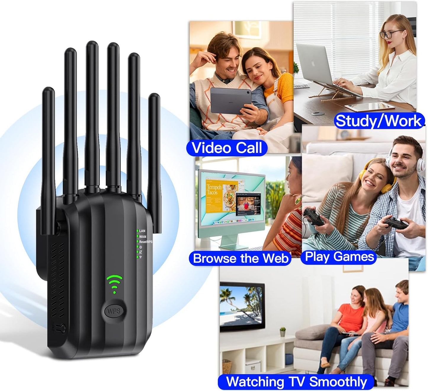 Upgrade WiFi Extender Signal Booster with 6 Antennas