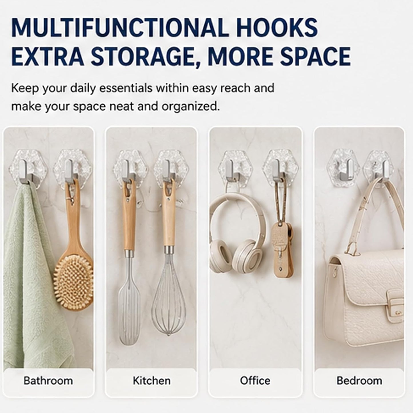 Water Ripple Hexagonal Self Adhesive Hooks, Multipurpose Drill-Free Adhesive Wall Hooks