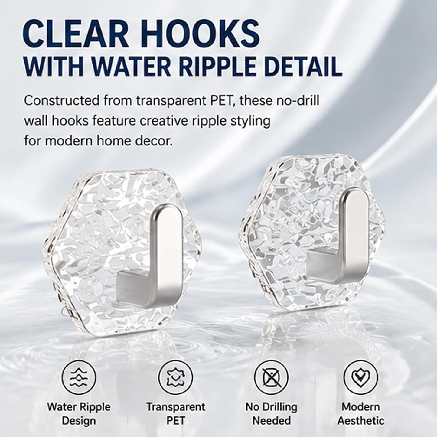 Water Ripple Hexagonal Self Adhesive Hooks, Multipurpose Drill-Free Adhesive Wall Hooks
