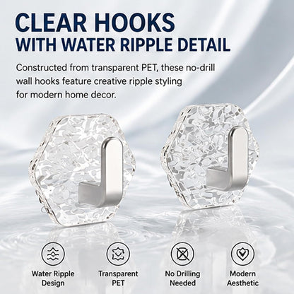 Water Ripple Hexagonal Self Adhesive Hooks, Multipurpose Drill-Free Adhesive Wall Hooks