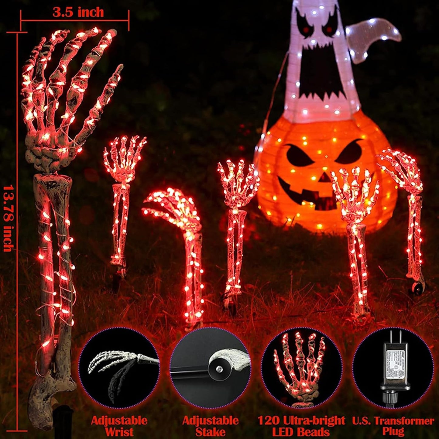 Halloween Skeleton Arm Stake Adjustable Skeleton Hand LED Light with 8 Lighting Modes (Red)
