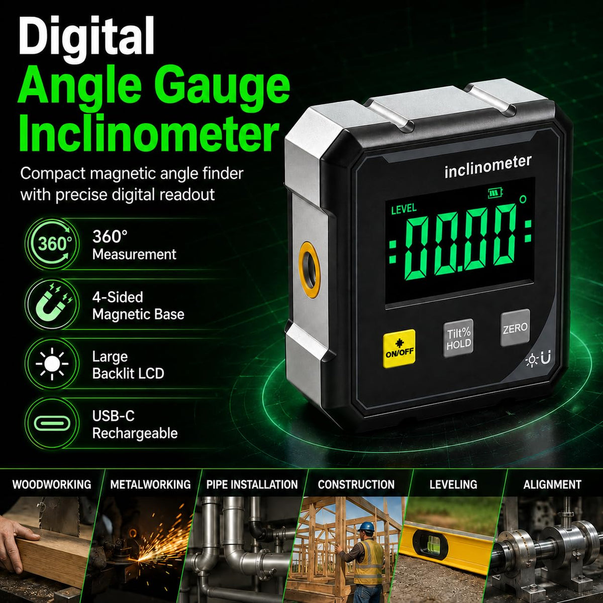 Digital Angle Finder Protractor With 4-Side Magnetic Base