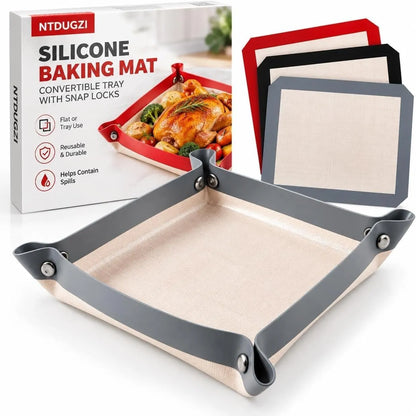 🎁Convertible Silicone Baking Mat with Snap Corners – Reusable Non-Stick Baking Tray Liner for Cookies, Bread, Vegetables & Pastry