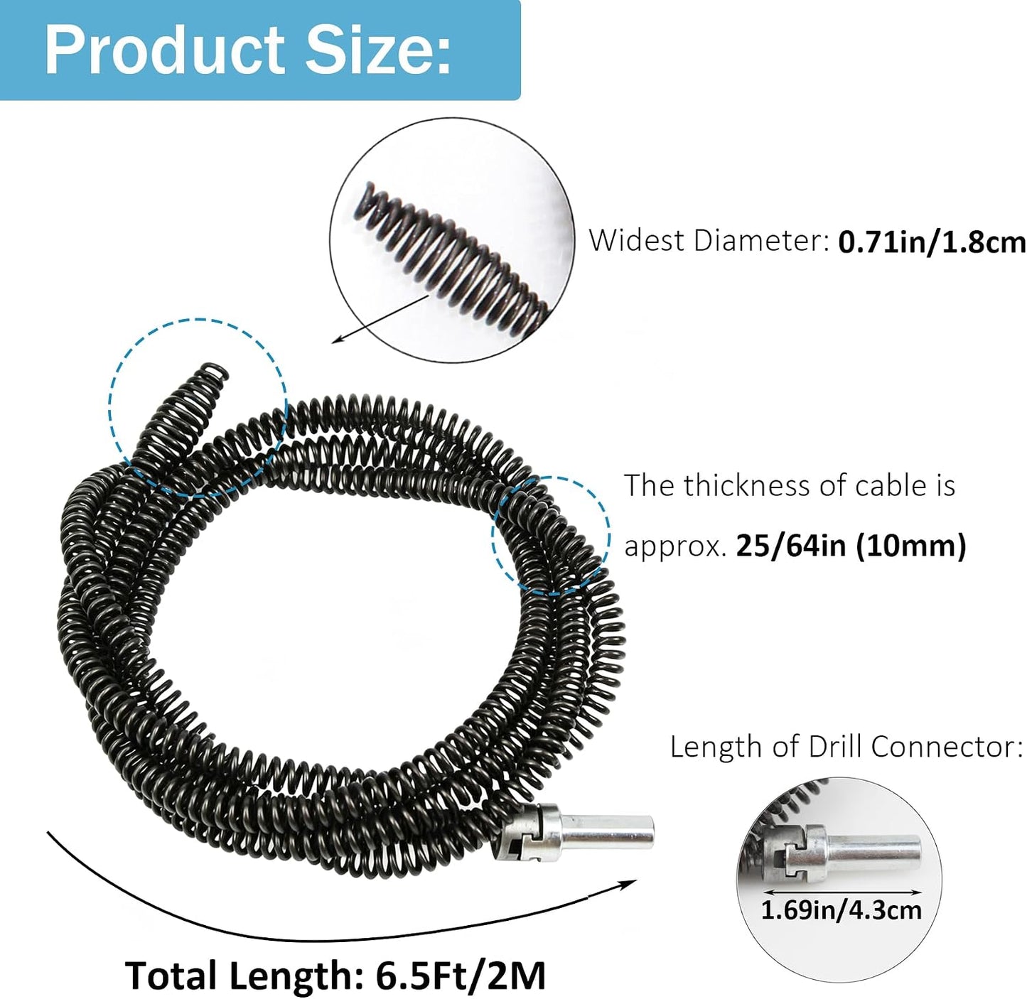 10mm Heavy-Duty Drain Auger Snake Cable with Drill Adapter