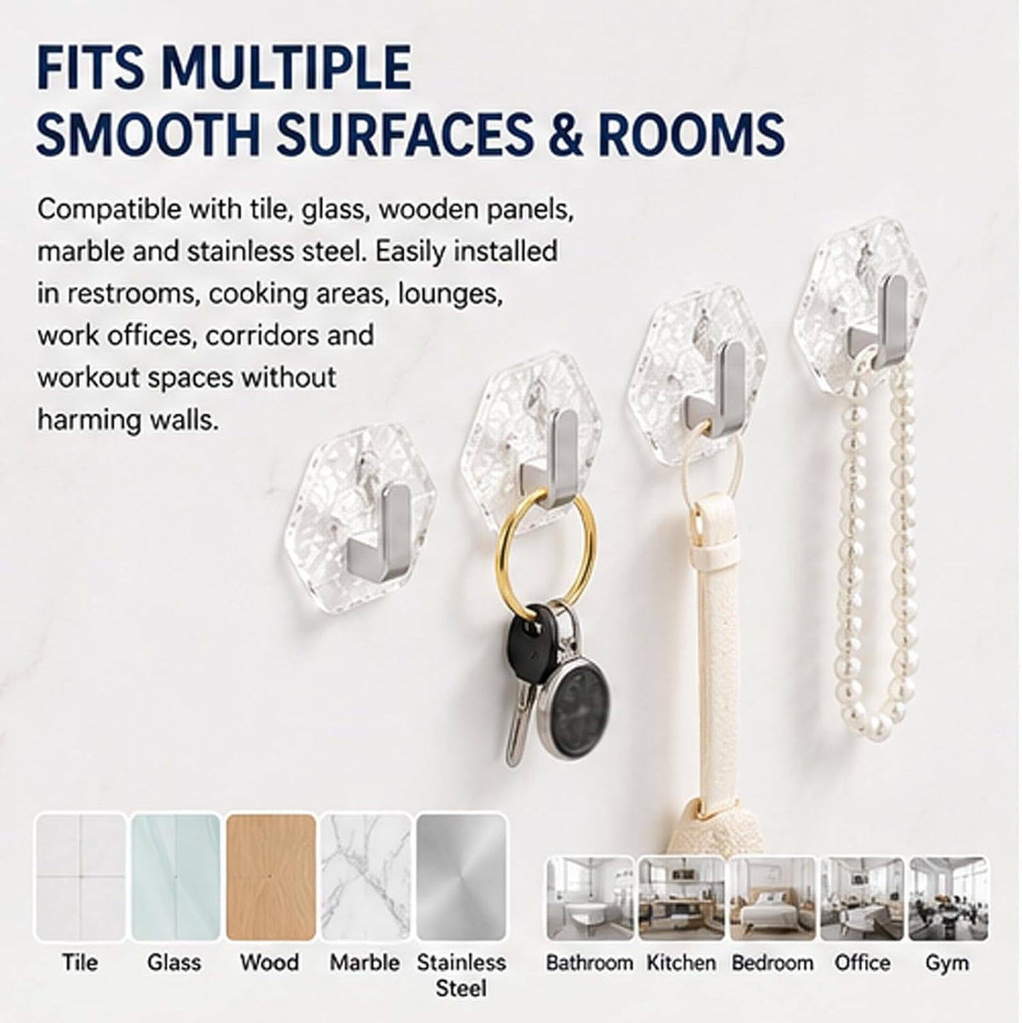Water Ripple Hexagonal Self Adhesive Hooks, Multipurpose Drill-Free Adhesive Wall Hooks