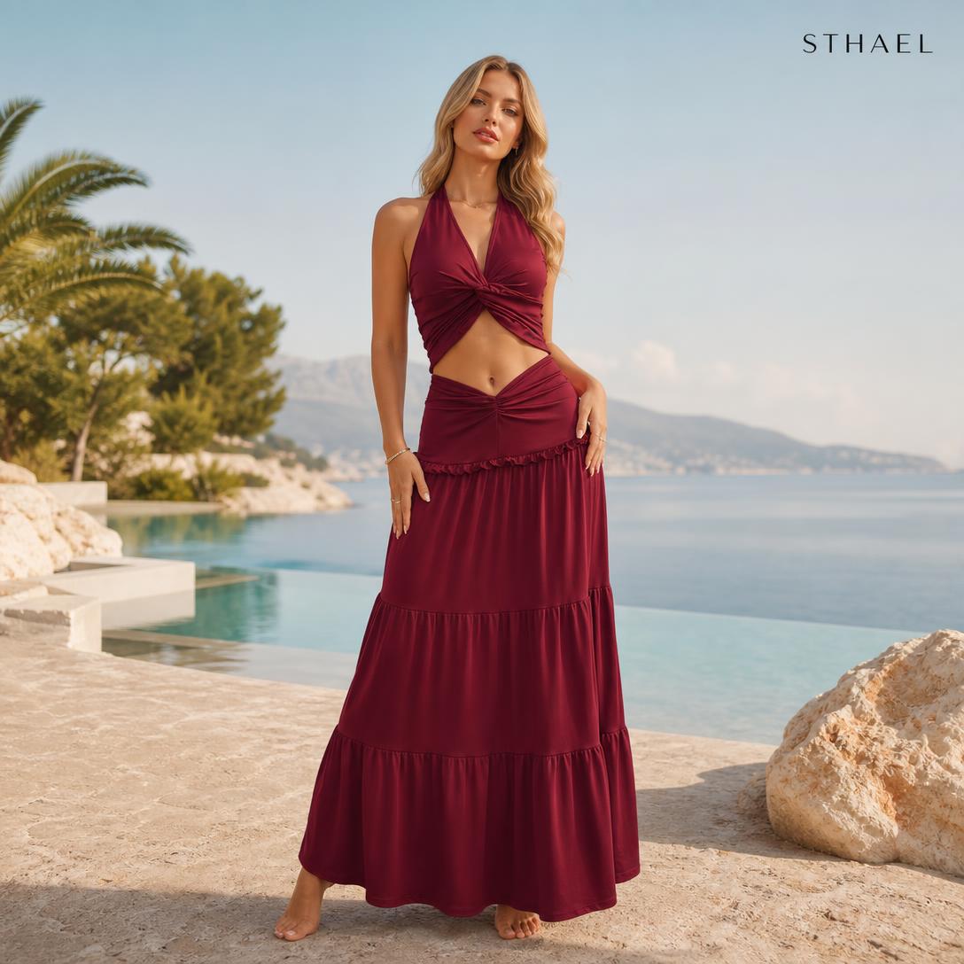 Women's Deep V-Neck Crop Top & Ruched Skirt Two-Piece Set
