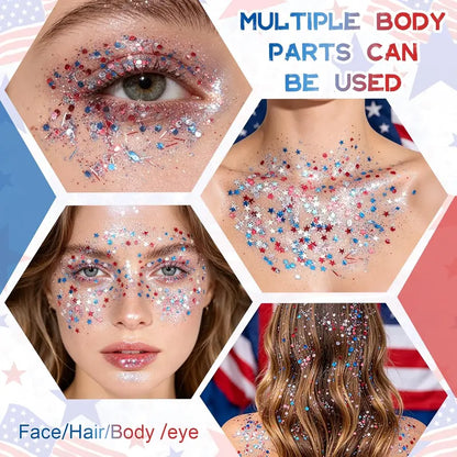 ✨ Self-Adhesive Glitter Stick – Red White & Blue Patriotic Body Makeup for 4th of July & Festivals