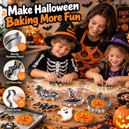 🎁12Pcs Halloween Cookie Cutter Set – Ghost, Witch Hat, Pumpkin & Bat