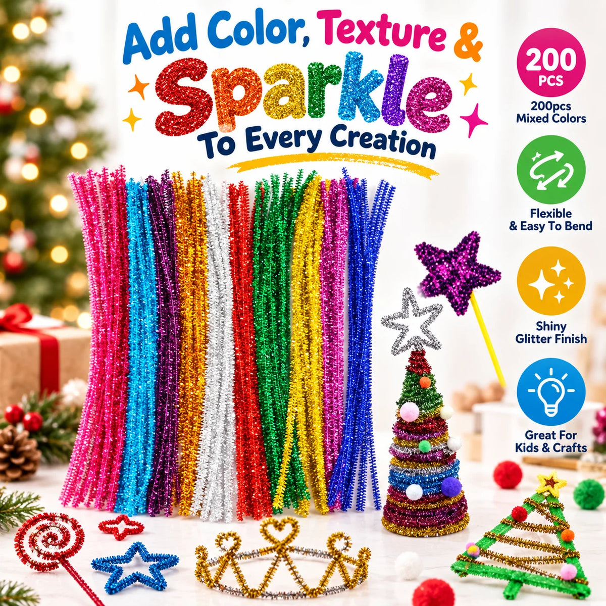 🎁200pcs Mixed Color Glitter Pipe Cleaners For DIY Crafts