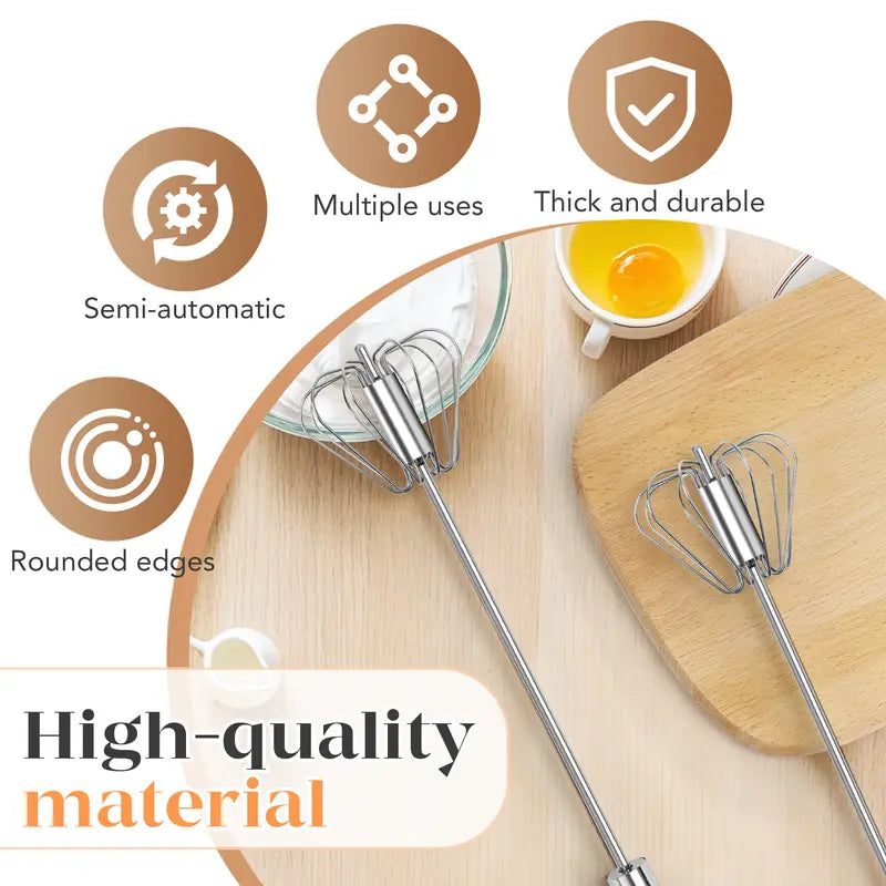2PCS Stainless Steel Hand-Push Rotary Whisk – Semi-Automatic Egg Beater & Milk Frother