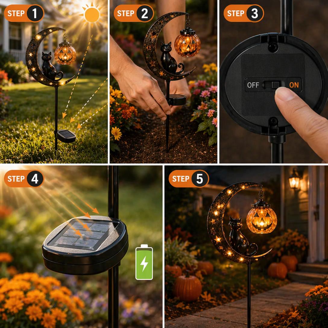 Solar Halloween Garden Stake Light with Glowing Pumpkin & Black Cat Outdoor Yard Decoration