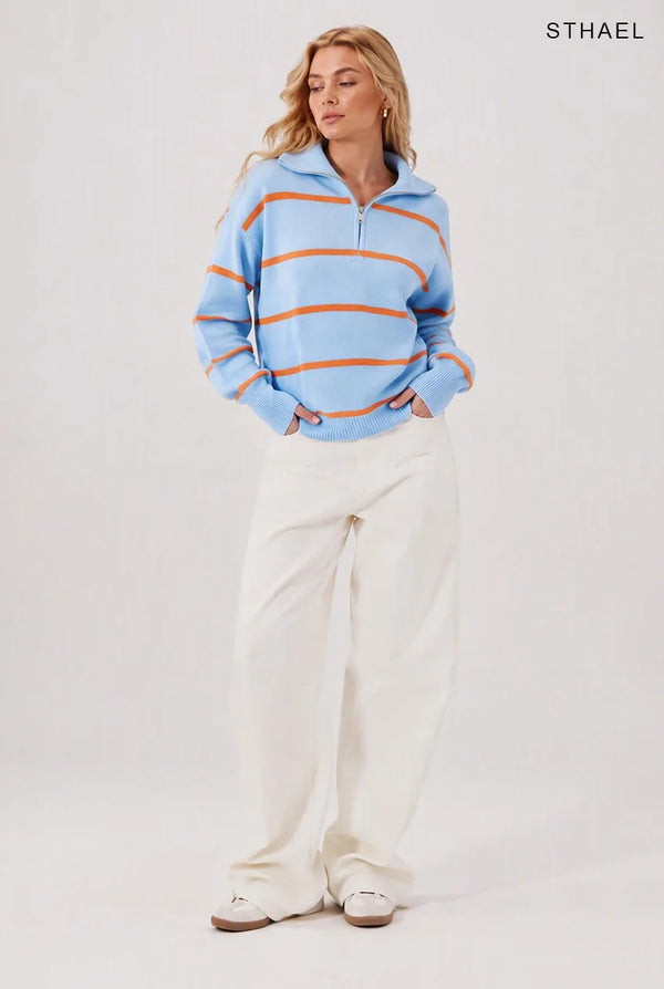 Color Block Striped Quarter-Zip Oversized Sweater