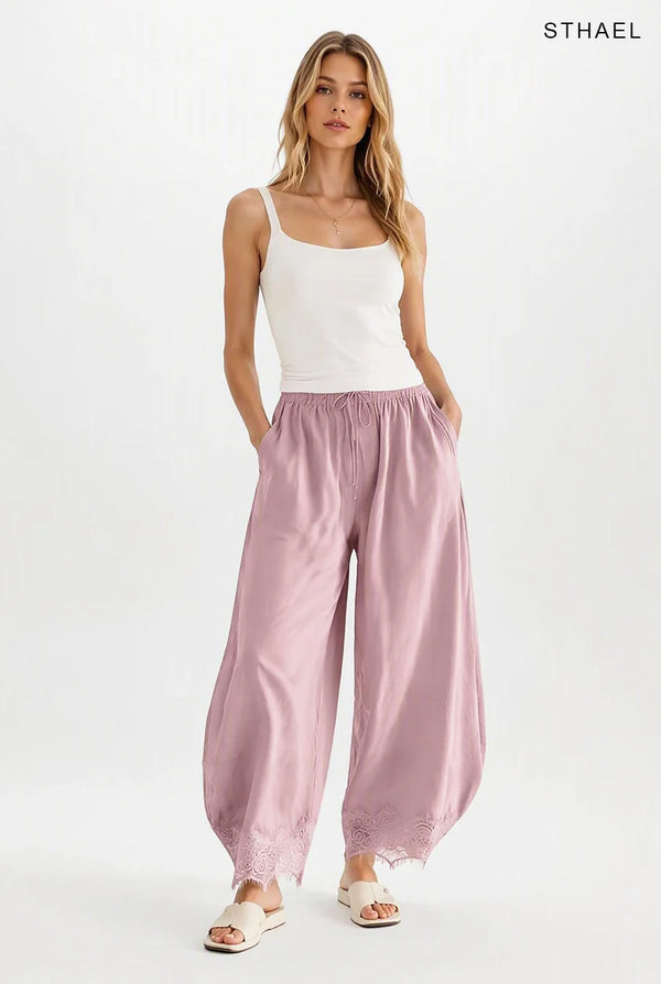 Women's Cropped Lace-Hem Wide-Leg Pants