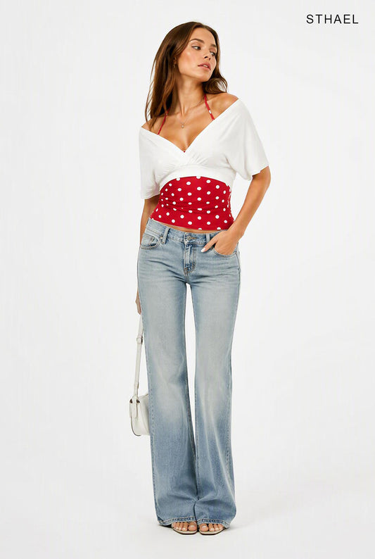 Damen-Set mit gepunktetem Camisole und schulterfreiem Crop-Top