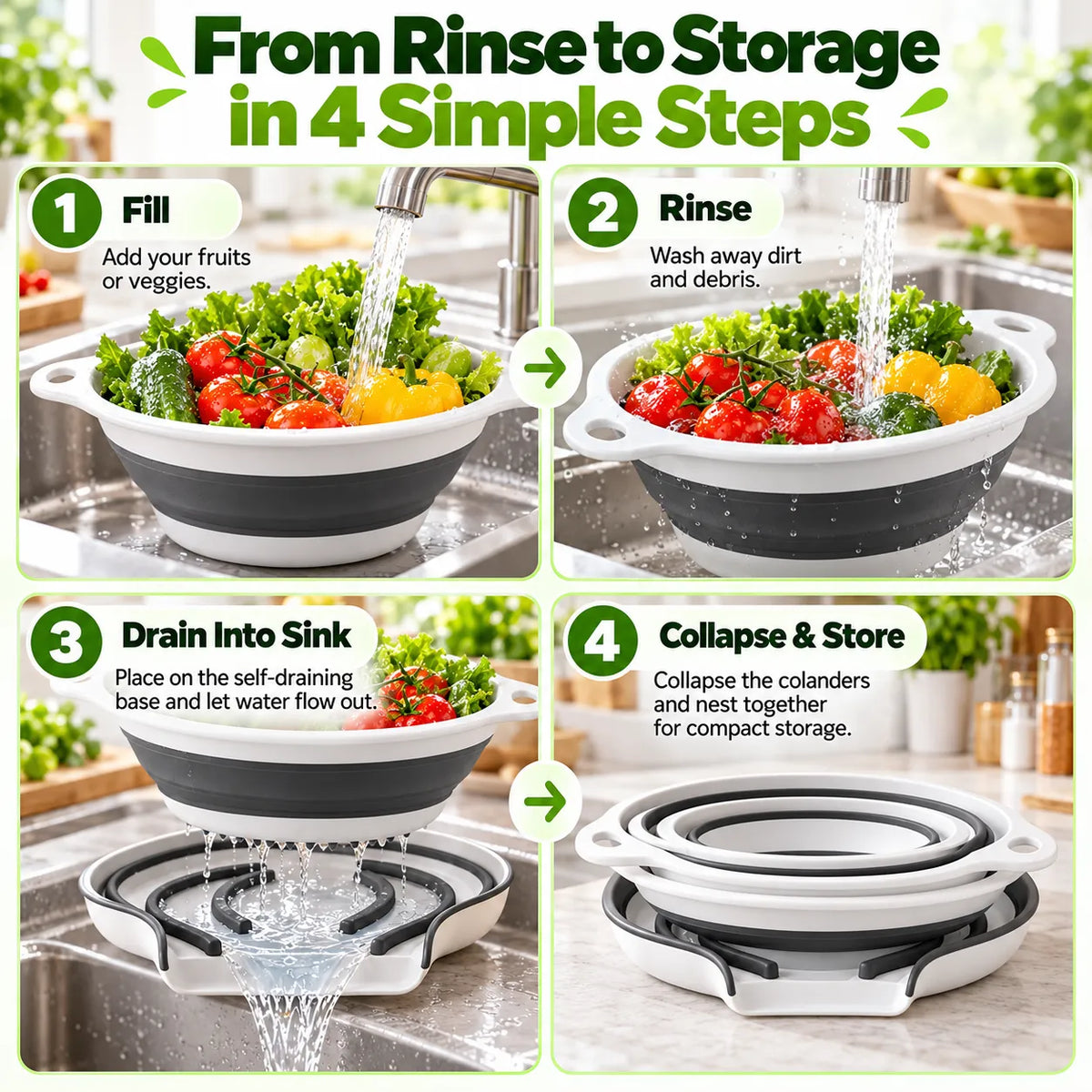 🎁3-Piece Collapsible Colander Set with Self-Draining Base