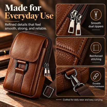 🎁Men’s Leather Phone Bag with 3 Compartments, Magnetic Flap & Adjustable Crossbody Strap