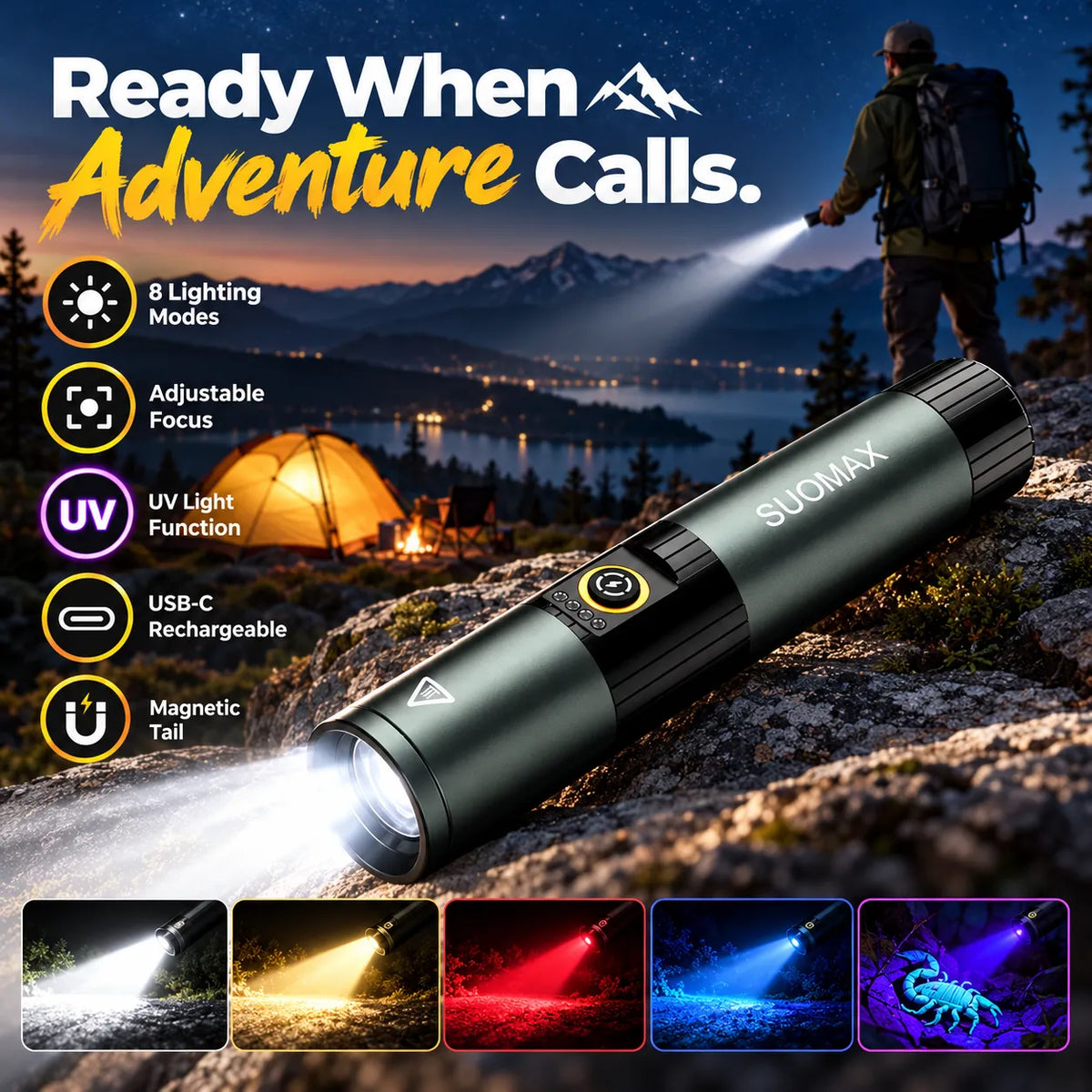 🎁8-Mode Rechargeable LED Flashlight – Adjustable Focus & UV Light